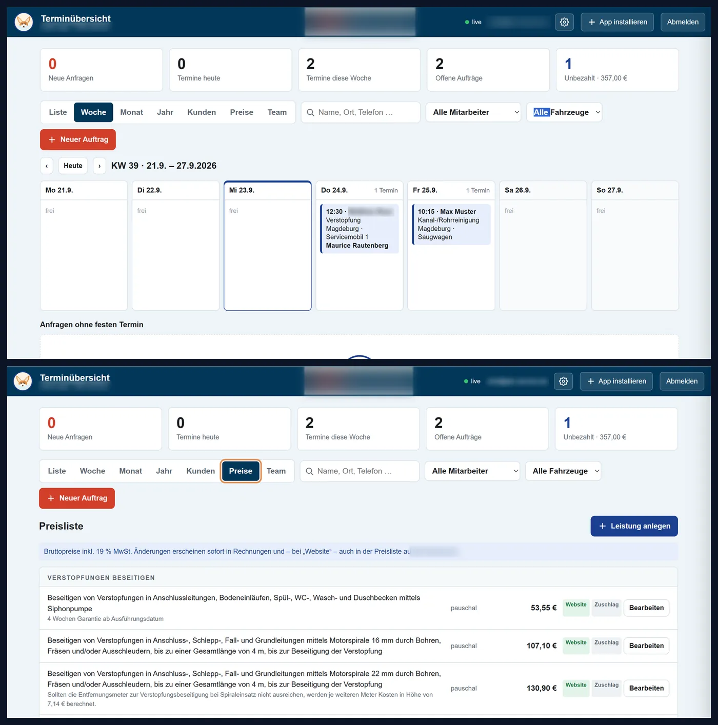 Termin-App: Wochenplan und Preisliste