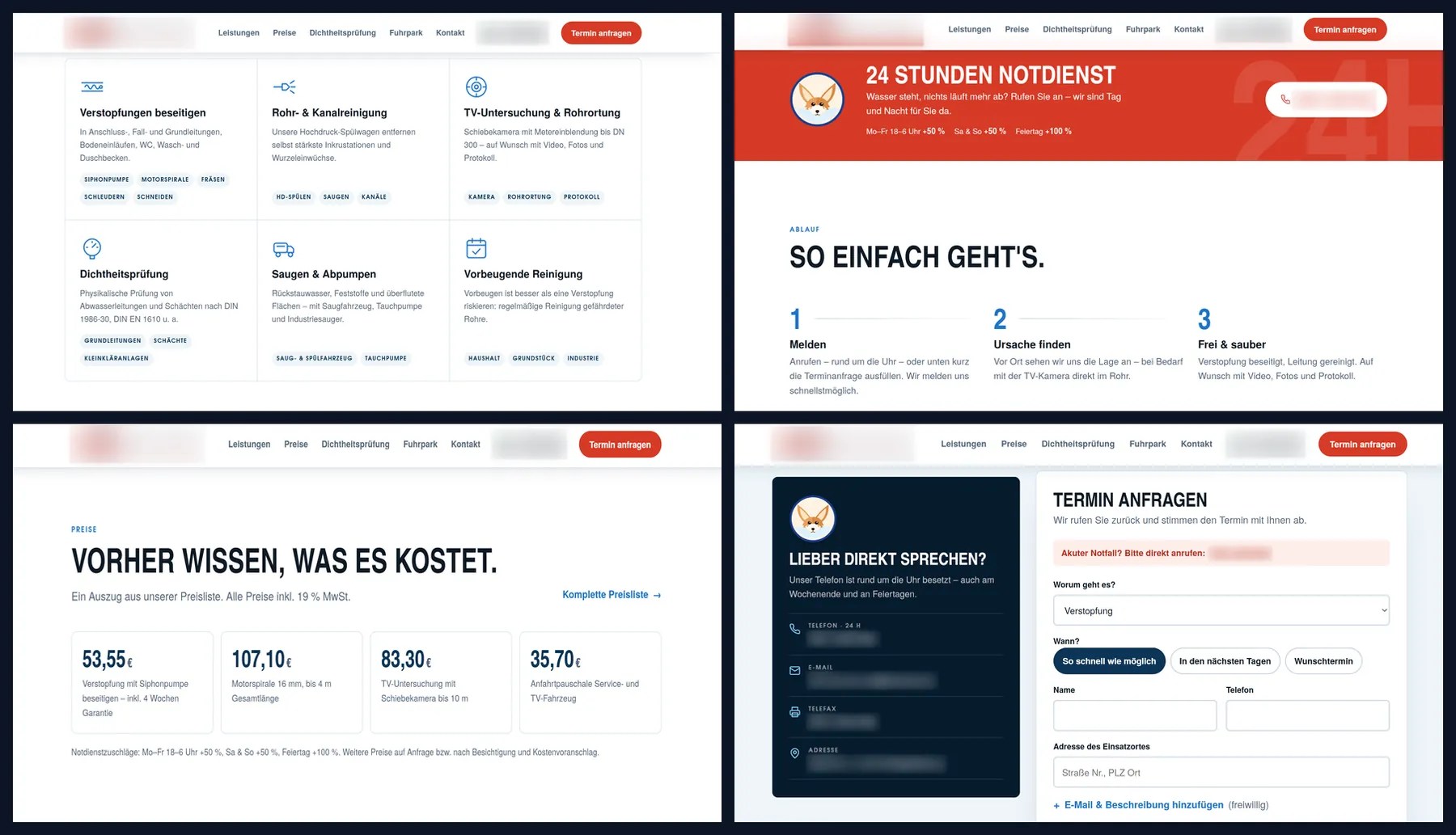 Vier Bereiche der neuen Website: Leistungen, Notdienst und Ablauf, Preise, Terminanfrage
